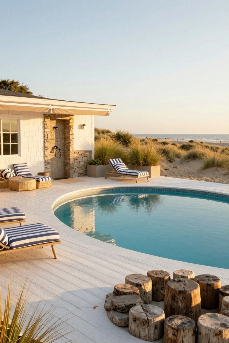 Curved turquoise inground pool on white wooden deck with blue-and-white striped lounge chairs, wicker stools, clustered tree stump seats, outdoor stone shower nearby, and beach dunes beyond.