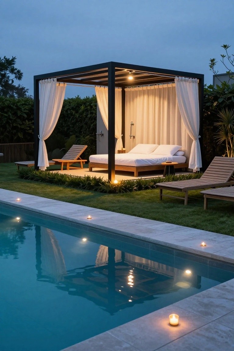 Black metal-framed outdoor cabana with sheer white curtains enclosing a large bed, positioned next to an inground pool with turquoise water at dusk, surrounded by grass, plants, loungers, and candlelight.