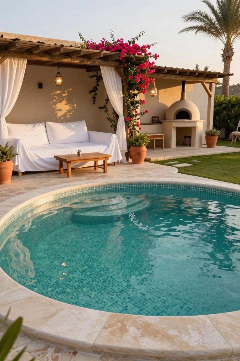 Circular pool with turquoise water near white sofa under wooden pergola with pink flowers.