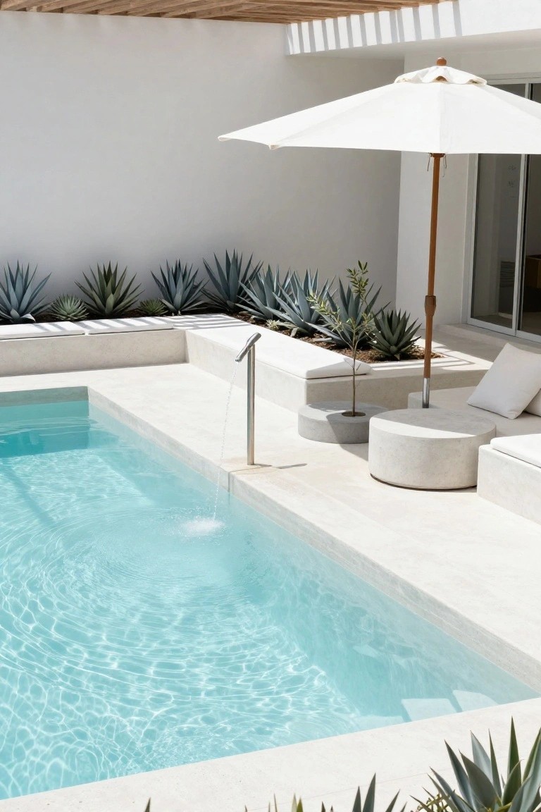 Modern poolside patio with turquoise water, white umbrella, and agave plants.