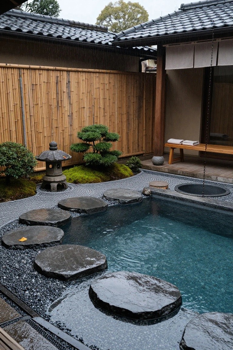 Japanese-style outdoor garden featuring a rectangular inground pool with large irregular black stepping stones leading into the turquoise water, surrounded by gravel paths, moss, bonsai trees, a stone lantern, bamboo fencing, and traditional tiled roof structures.