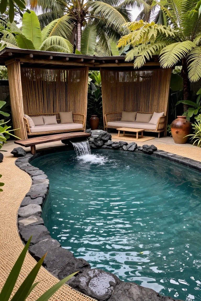 Curved turquoise inground pool edged in black rocks with a waterfall flowing from a wooden bench into the water, adjacent to two bamboo daybed loungers under screened structures surrounded by tropical plants and large terracotta pots.