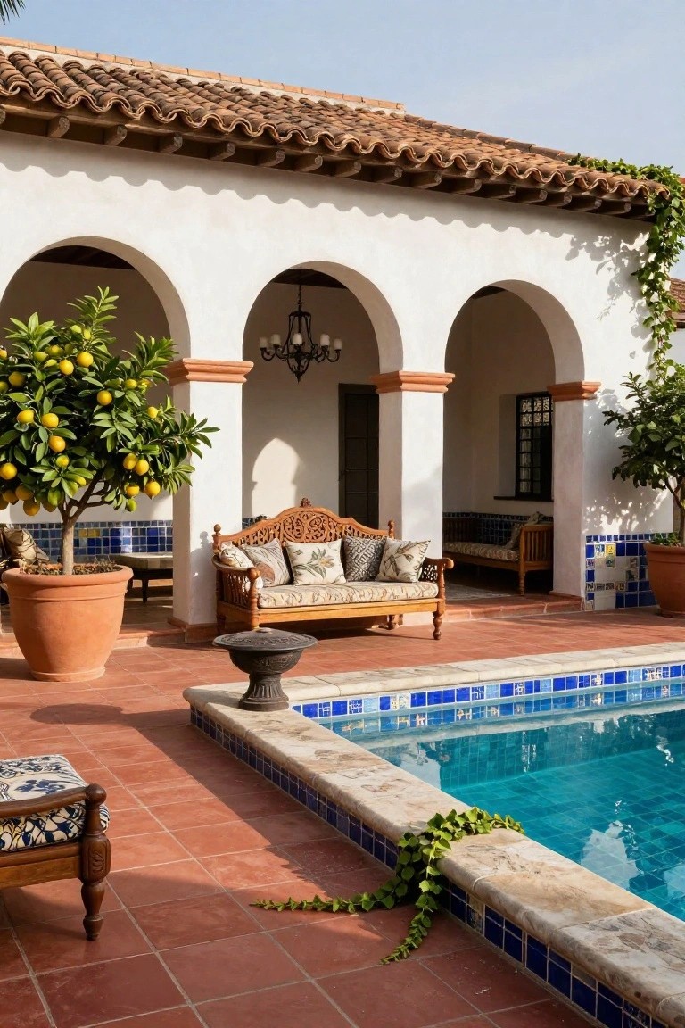 White stucco structure with terracotta roof, arched openings containing wooden benches, and potted orange trees on terracotta pavers beside a blue mosaic-tiled pool.