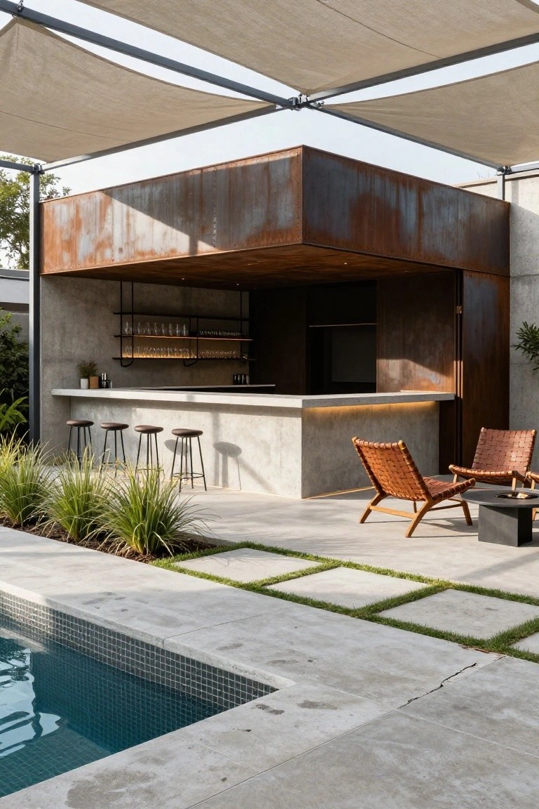 Cantilevered outdoor bar with rusted metal cladding and concrete counter under beige shade sails, bar stools, lounge chairs, pool, and grasses on concrete patio.