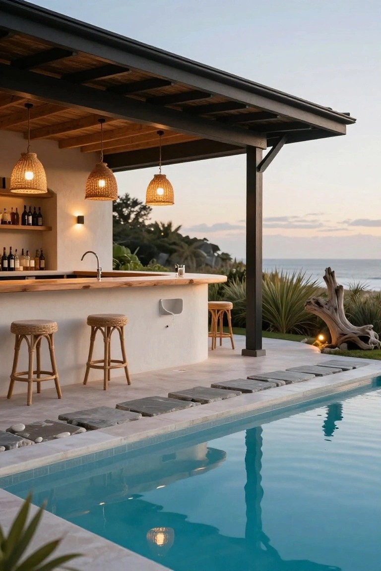 Outdoor bar area with curved wooden counter, two rattan bar stools, woven pendant lights hanging from a timber roof, adjacent to a turquoise pool, tropical plants, driftwood sculpture, and ocean view.