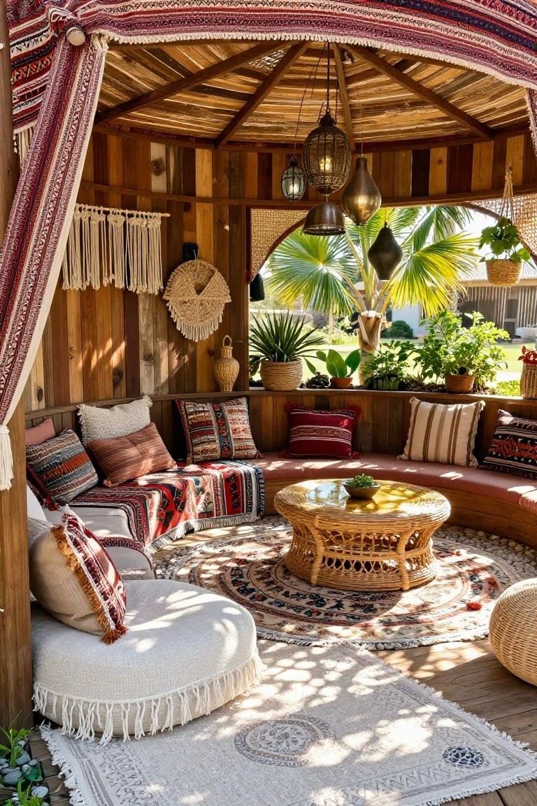 Wooden gazebo with curved cushioned bench seating around a round rattan table, layered colorful rugs and pillows, hanging metal lanterns, macrame hangings, potted plants, and views of palm trees and garden.