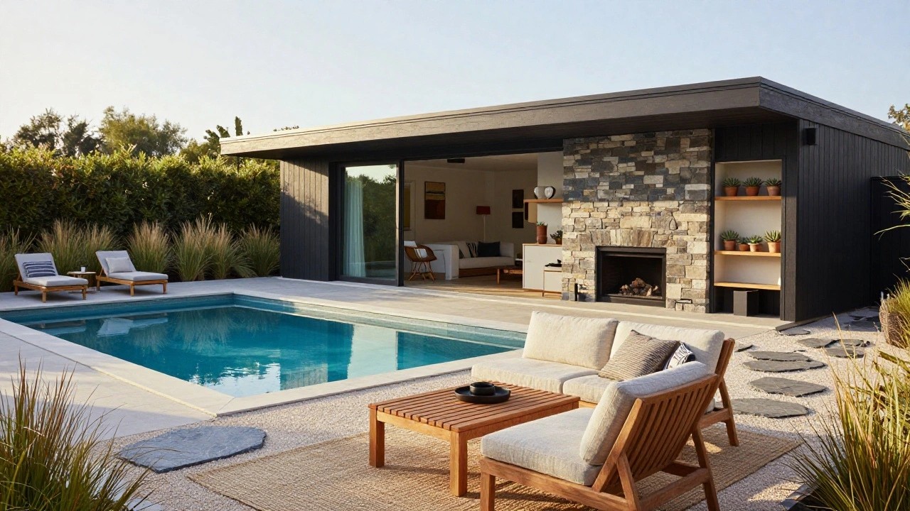 Modern dark wood pool house with open glass doors and stone fireplace opens to poolside lounge area with beige sofa, wood armchairs, low teak table on rug, teak lounge chairs, turquoise pool, grasses, and pebble paths.