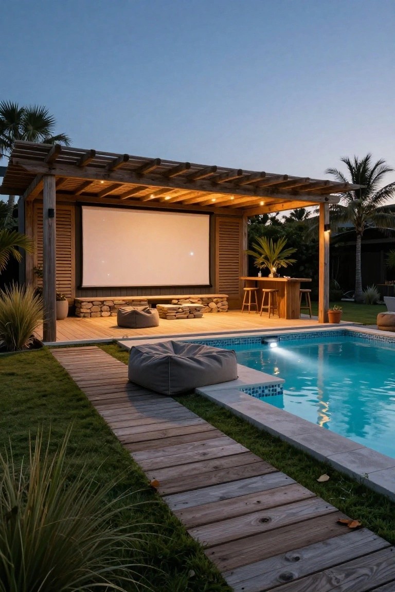 Wooden pergola gazebo beside a lit pool with a large blank projector screen on the wall, bar stools at a counter, stone benches, bean bag chairs, and a wooden path at dusk.