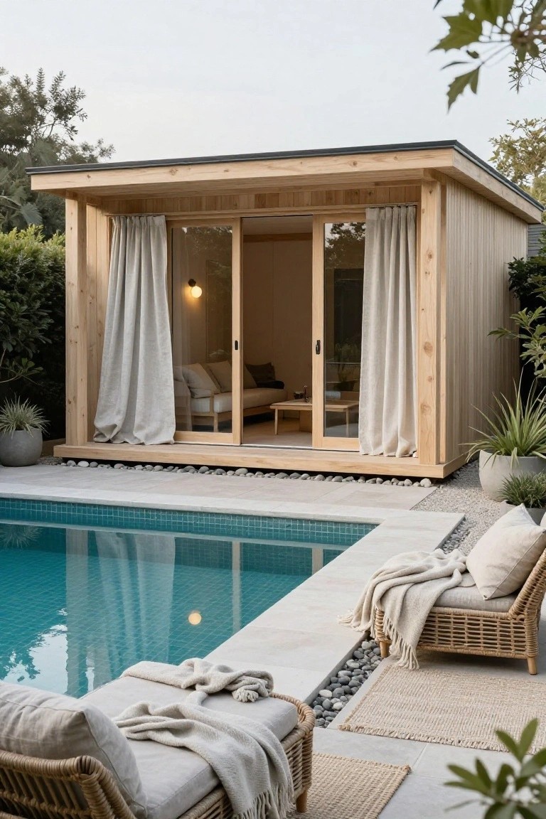 A rectangular wooden pool house with light timber cladding and sliding glass doors covered by beige curtains, positioned beside a turquoise-tiled swimming pool on a stone deck with pebbles, lounge chairs, blankets, and potted plants.