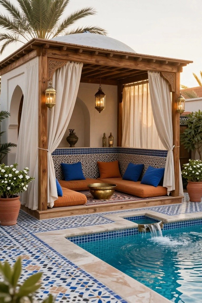 Wooden gazebo pavilion with white dome roof, beige curtains, orange built-in cushions, blue pillows, brass table and lanterns, blue mosaic tiled floor and walls adjacent to small infinity-edge pool with fountain, palm trees and potted plants nearby.