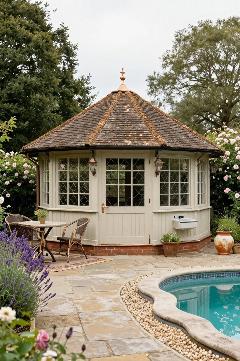 Octagonal cream-colored wooden gazebo pool house with leaded glass windows, double doors, exterior sink, wicker chairs and table on stone patio beside curved blue swimming pool, surrounded by lavender, roses, potted plants, and trees.