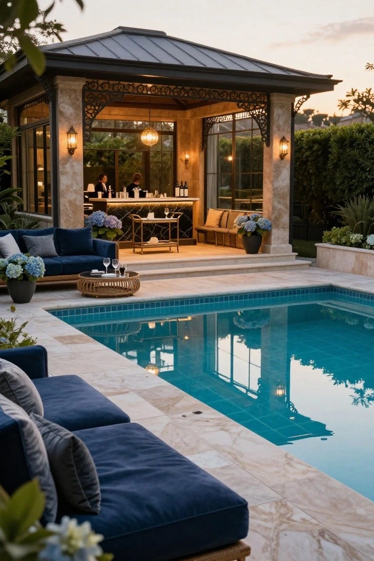 Outdoor pool house gazebo with bar counter, wine bottles, lounge seating on travertine deck beside turquoise tiled pool, surrounded by potted blue hydrangeas and hedges at dusk.