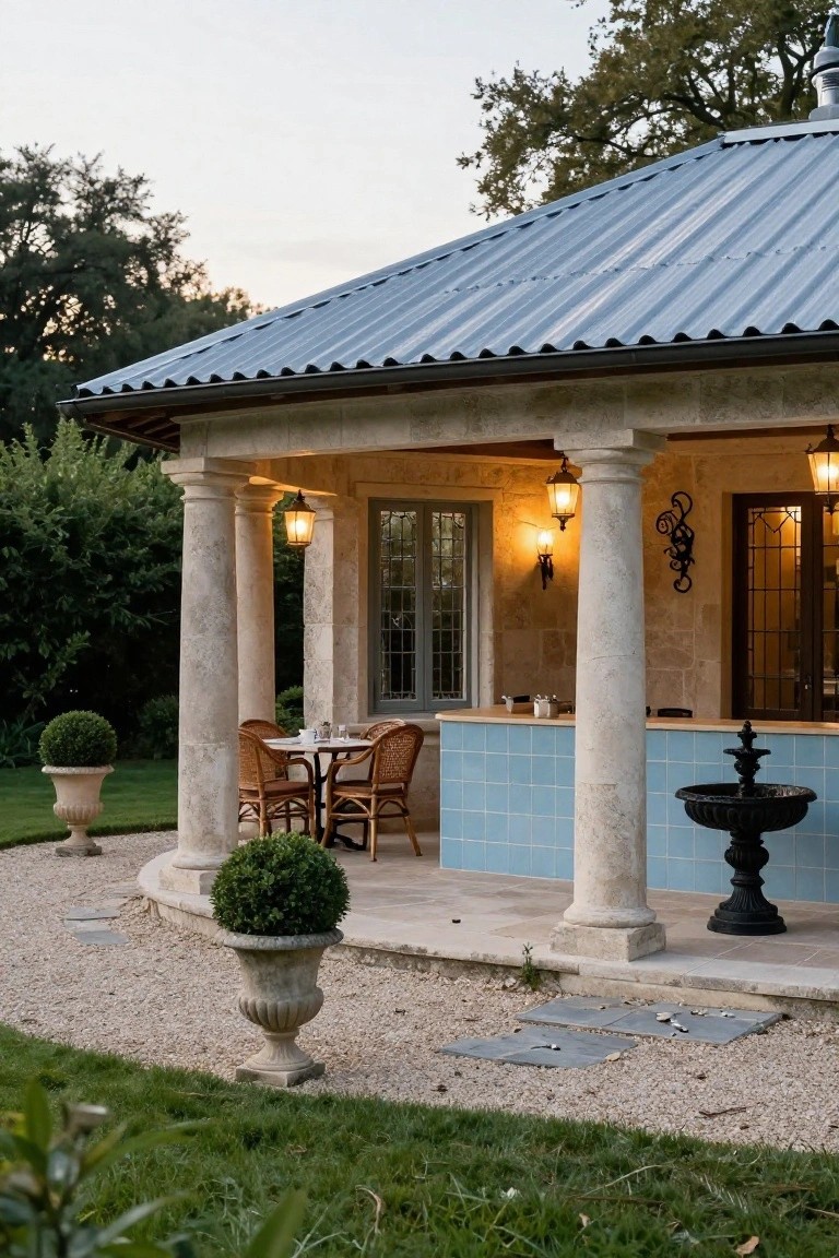 Stone pool house with covered porch featuring blue tiled bar counter, black fountain, rattan chairs and table, stone columns, lanterns, potted plants, gravel path, and surrounding lawn and trees.