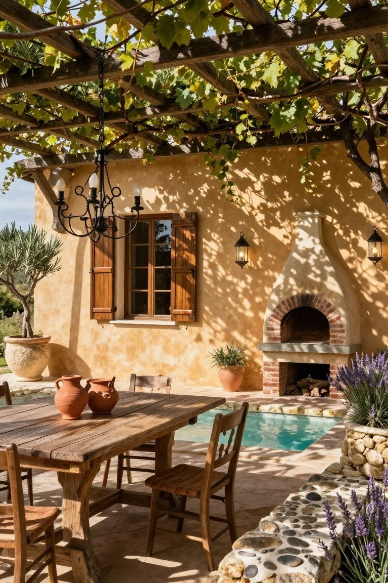 Wooden dining table with terracotta pots and chairs under a grapevine-covered pergola beside a small turquoise pool, brick outdoor oven, and stucco house wall with shutters.