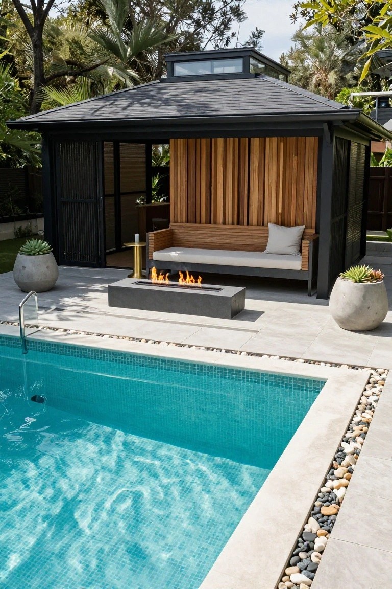 Modern black pool house gazebo with vertical wood slats, built-in bench, linear gas fire pit, potted succulents, and turquoise mosaic pool with pebble border.