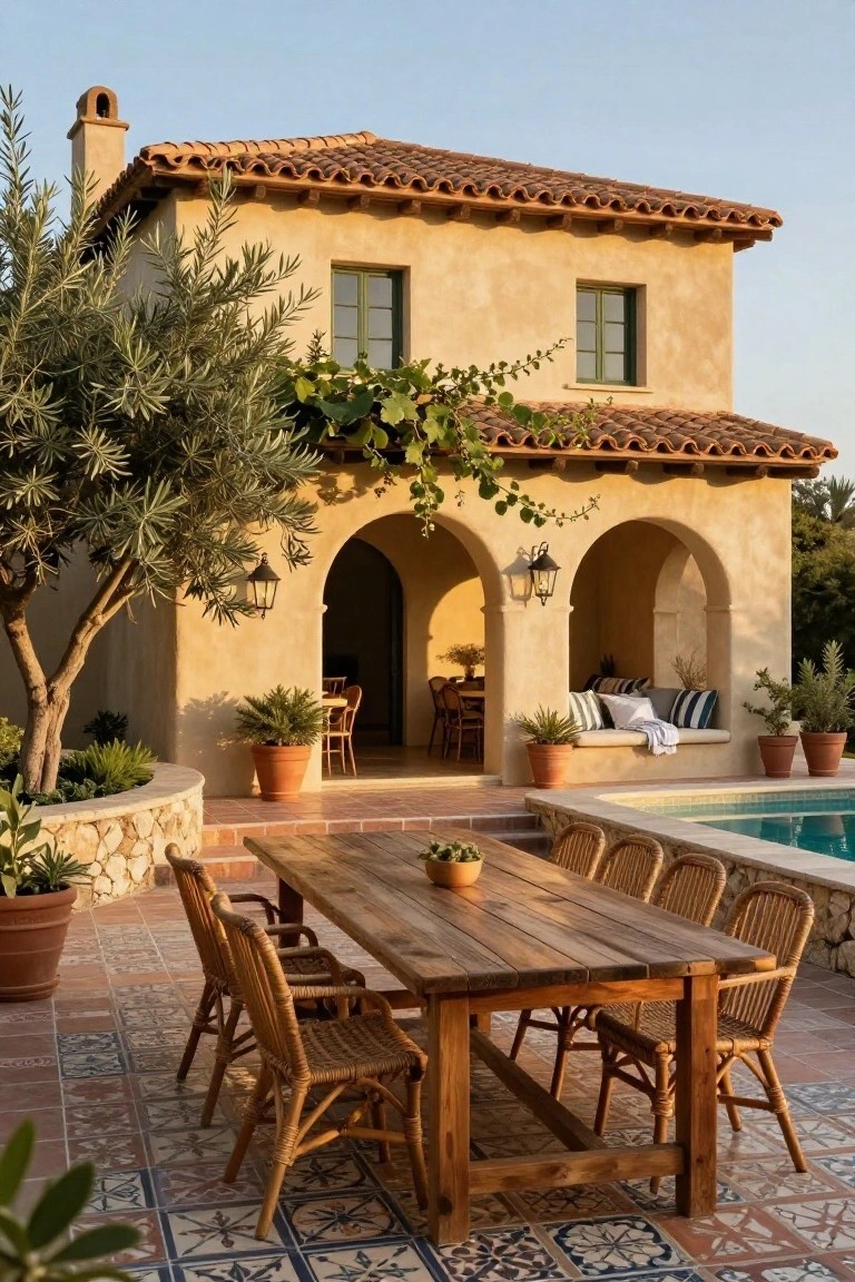 Beige stucco pool house with terracotta tile roof, arched loggia entrance, wooden dining table with wicker chairs on colorful terracotta tiled patio adjacent to rectangular pool, olive tree and potted plants nearby.