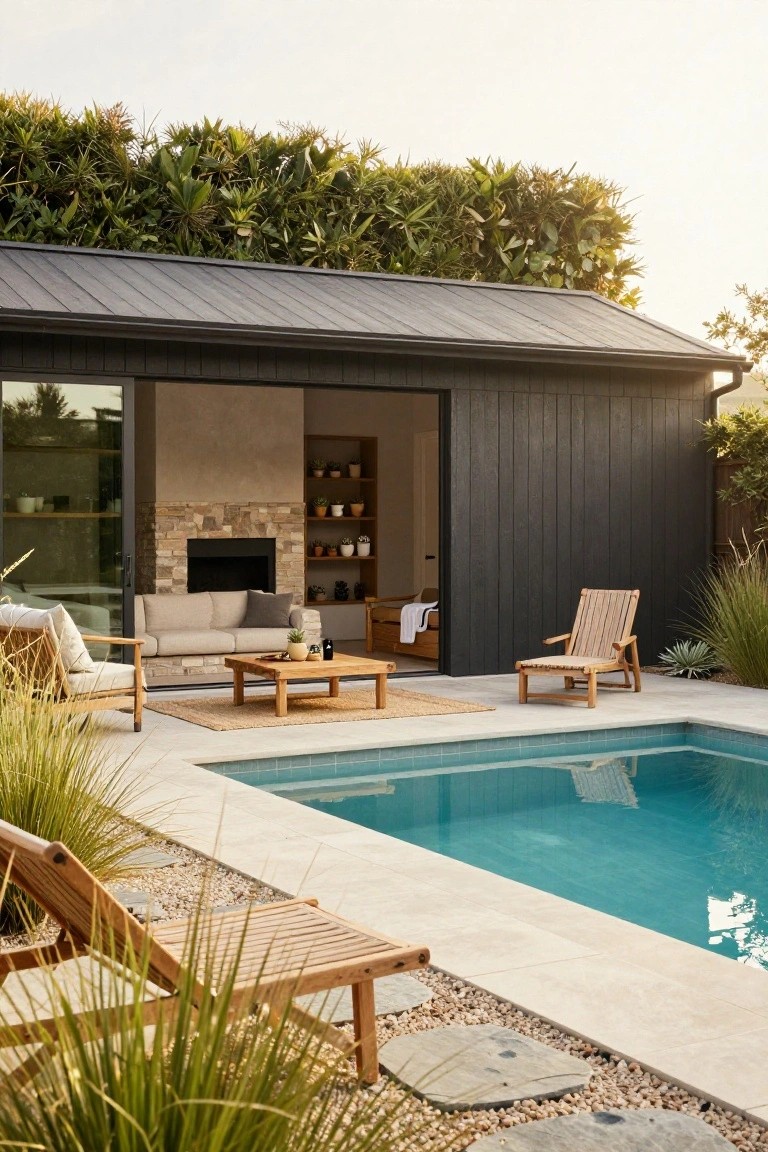 Modern dark wood pool house with open glass doors and stone fireplace opens to poolside lounge area with beige sofa, wood armchairs, low teak table on rug, teak lounge chairs, turquoise pool, grasses, and pebble paths.