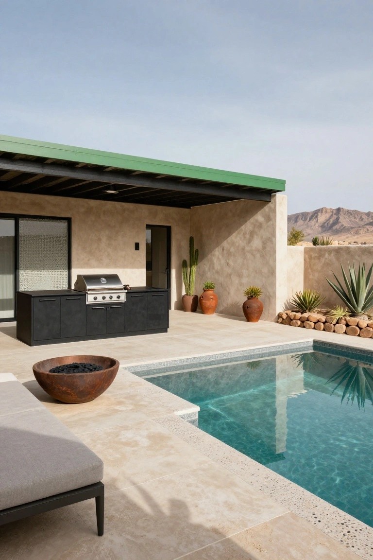 Outdoor kitchen island with black cabinets and stainless steel grill next to a turquoise pool on a travertine patio, under a green-roofed covered structure with cacti plants and desert mountains in the background.