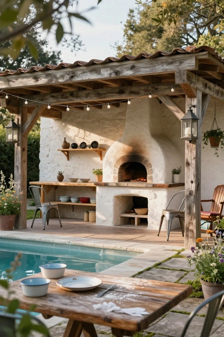 Rustic wooden pergola with white stucco wood-fired pizza oven beside turquoise pool, wooden table with dishes, metal chairs, and potted plants.