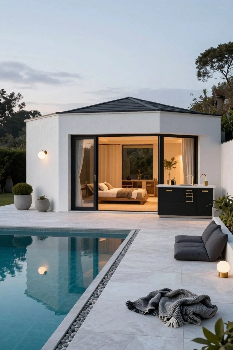 White hexagonal pool house with open black-framed glass doors revealing a bed and outdoor kitchen with black cabinets, adjacent to a turquoise pool on a light gray tiled deck with low gray seating, plants, and a throw blanket.
