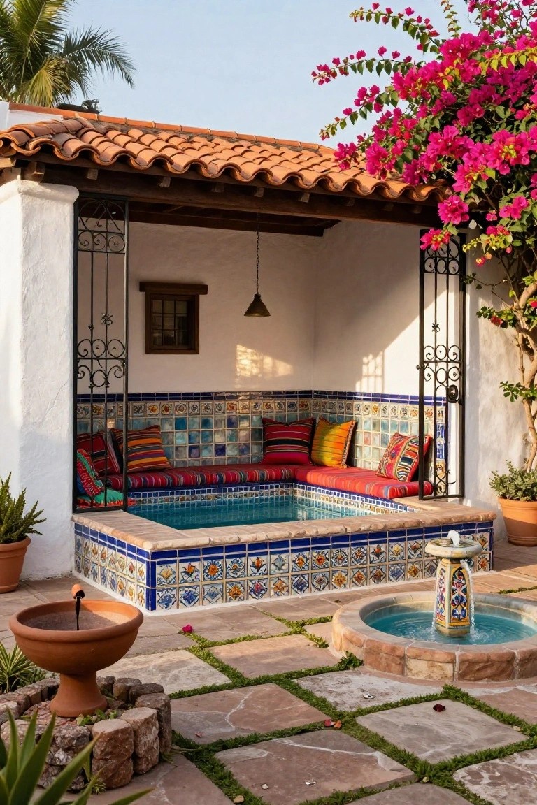 Sunken turquoise hot tub with colorful tiled walls and built-in cushioned benches under a white stucco pergola with wrought iron gates, next to potted plants and a terracotta fountain on a stone patio.