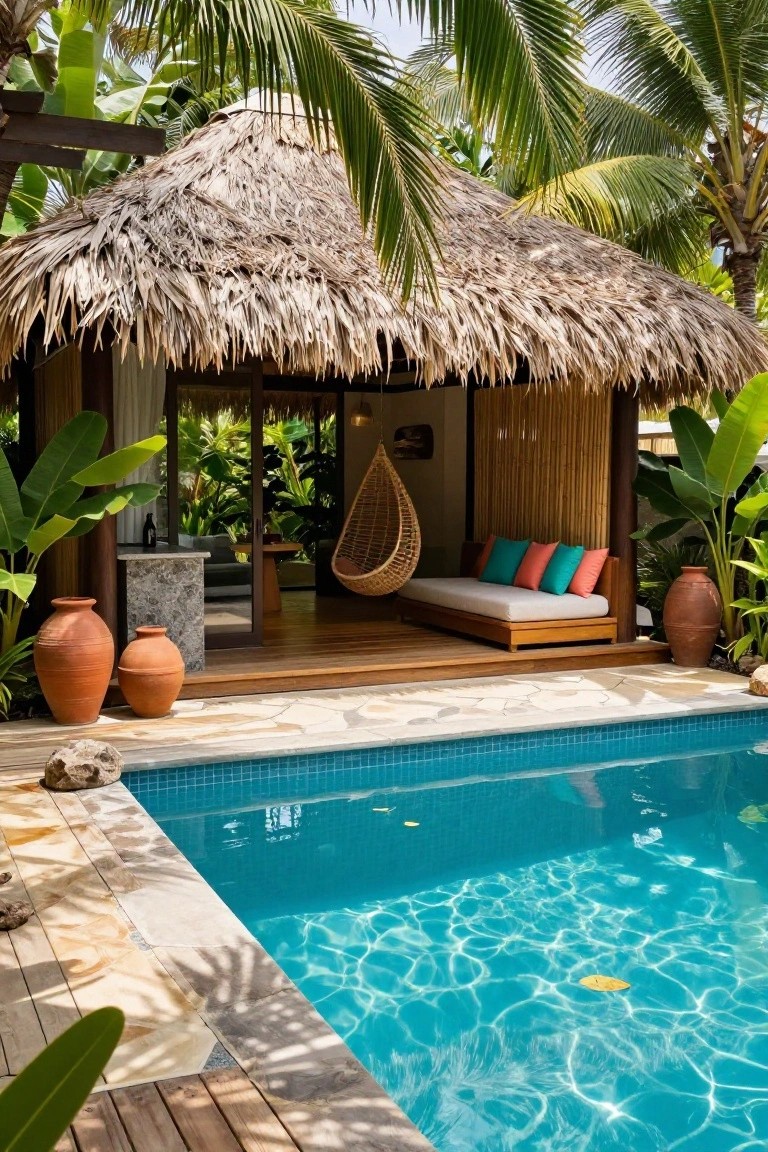 Thatched roof gazebo with wooden daybed, hanging chair, potted terracotta urns, and tropical plants adjacent to a turquoise-tiled pool deck and water.