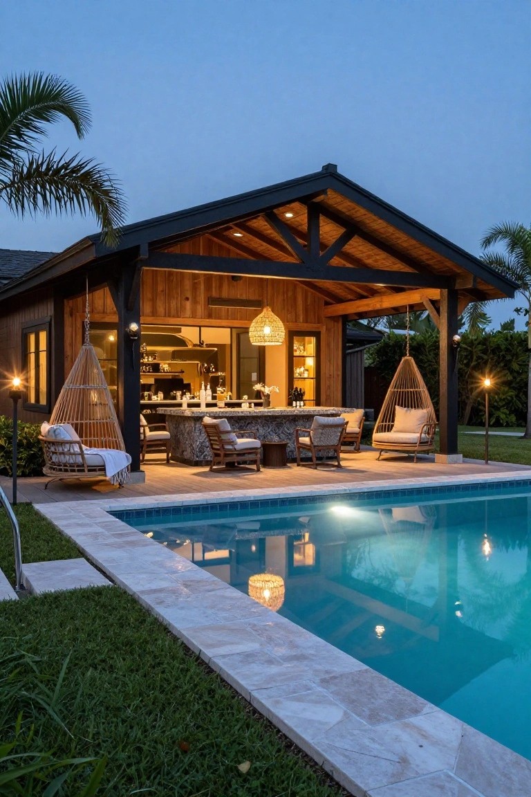 Wooden pool house pavilion with exposed beams, open bar counter, rattan hanging chairs, lounge seating on deck adjacent to turquoise pool, surrounded by grass and palm trees at dusk.