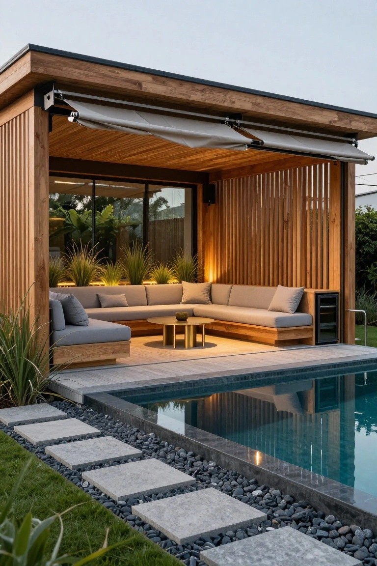 Wooden pool house gazebo with slatted screens, gray L-shaped outdoor sofa, round wooden coffee table, potted grasses, wine cooler cabinet, retractable awning, and adjacent rectangular pool edged with pebbles and gray stepping stones.