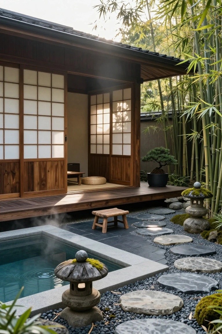 Wooden deck extending from a Japanese-style house with shoji screens to a steaming square hot tub edged in stone, with large irregular stepping stones in gravel, stone lanterns, bamboo plants, and a bonsai tree nearby.