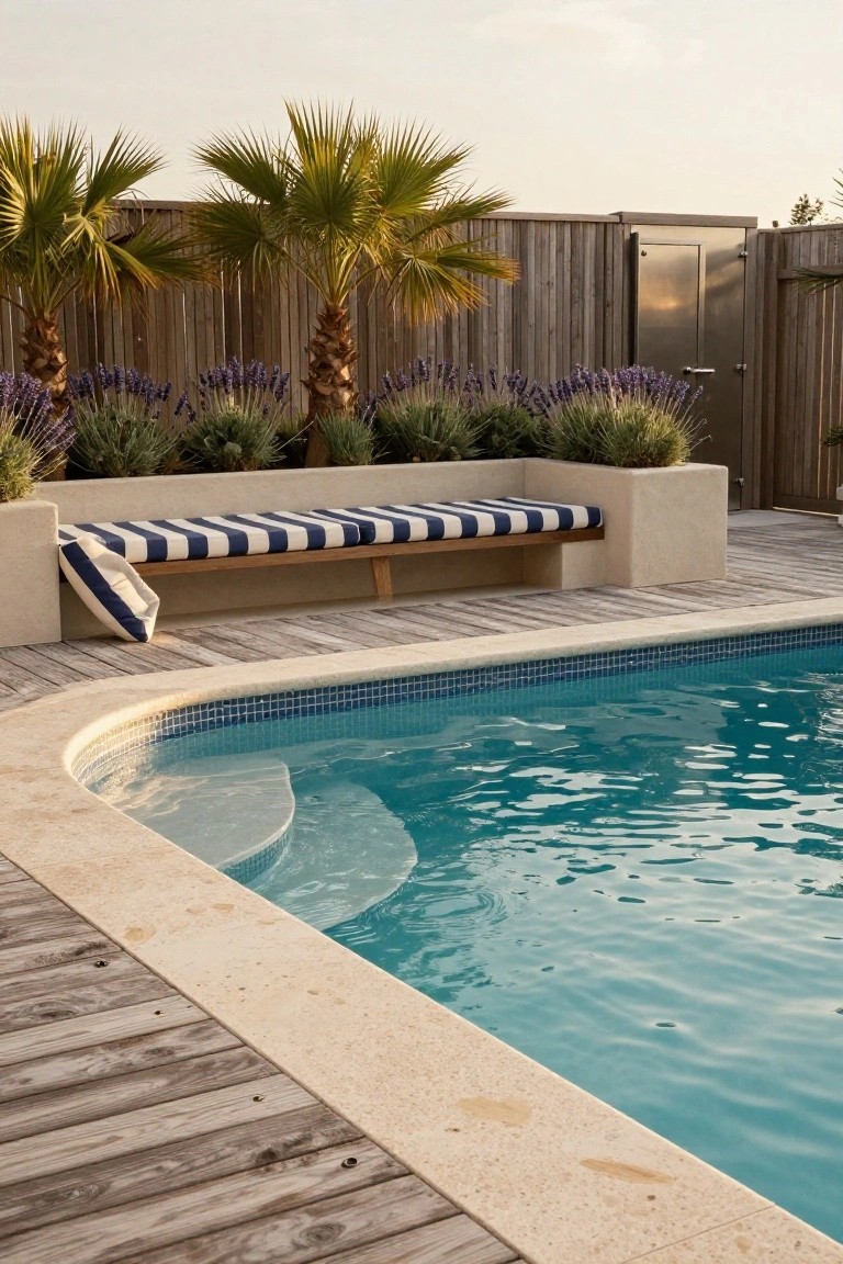 Curved turquoise pool edged in beige tile and wood decking, with a beige stucco built-in bench topped by blue-and-white striped cushions draped over one end, flanked by lavender planters and palm trees against a wooden fence.