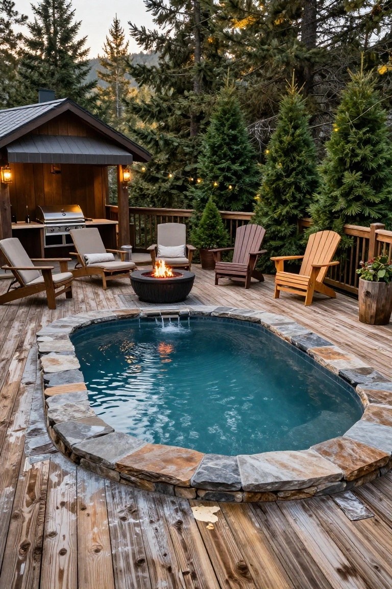 Wooden deck with small oval pool edged in stone, fire pit surrounded by Adirondack chairs, covered BBQ area, potted plants, and evergreen trees in a forested setting.