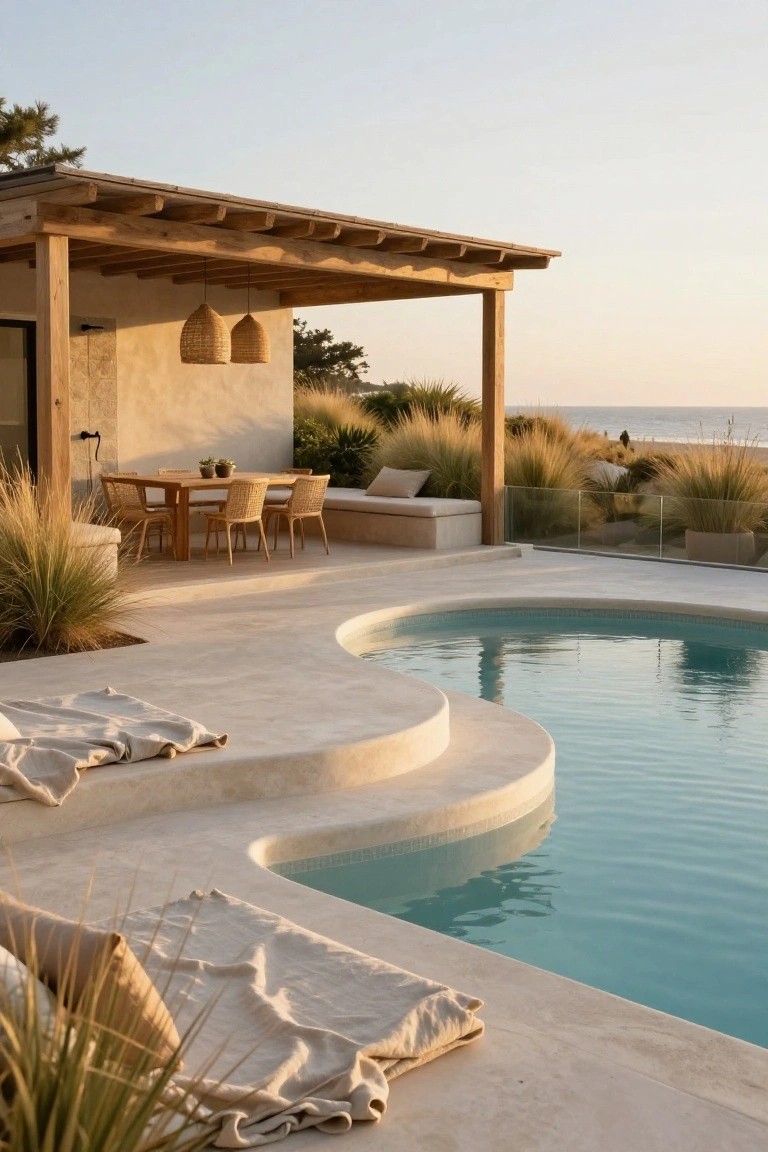 Curved turquoise pool with white travertine decking, built-in lounge steps at the edge, wooden dining table and chairs under a wooden pergola, surrounded by tall grasses and overlooking the ocean.