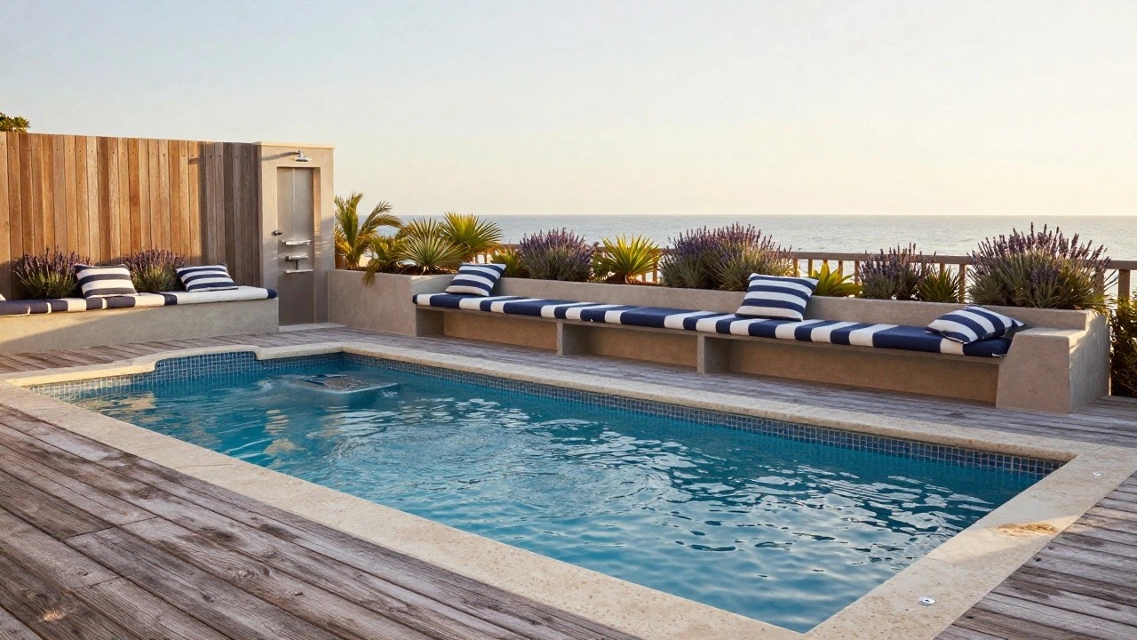 Curved turquoise pool edged in beige tile and wood decking, with a beige stucco built-in bench topped by blue-and-white striped cushions draped over one end, flanked by lavender planters and palm trees against a wooden fence.