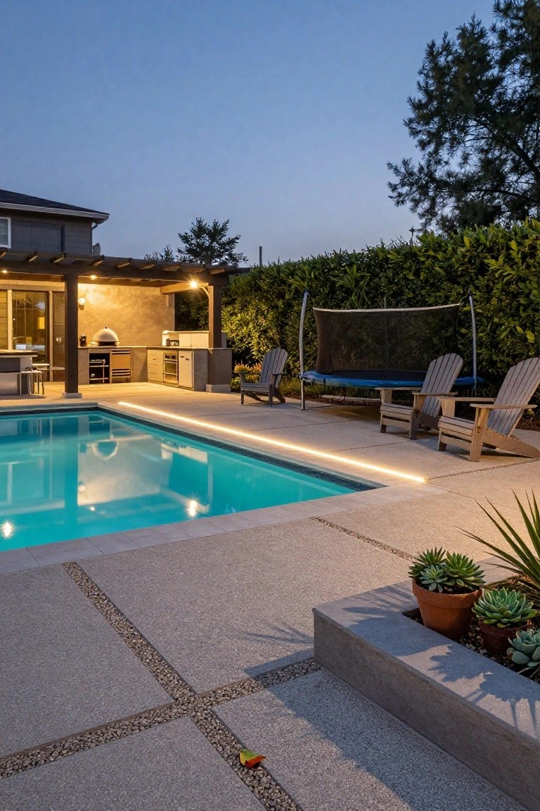 Backyard pool at evening with white LED lights along the coping and deck edge, turquoise water reflection, nearby outdoor kitchen under pergola, Adirondack chairs, trampoline, and succulents in concrete planters.