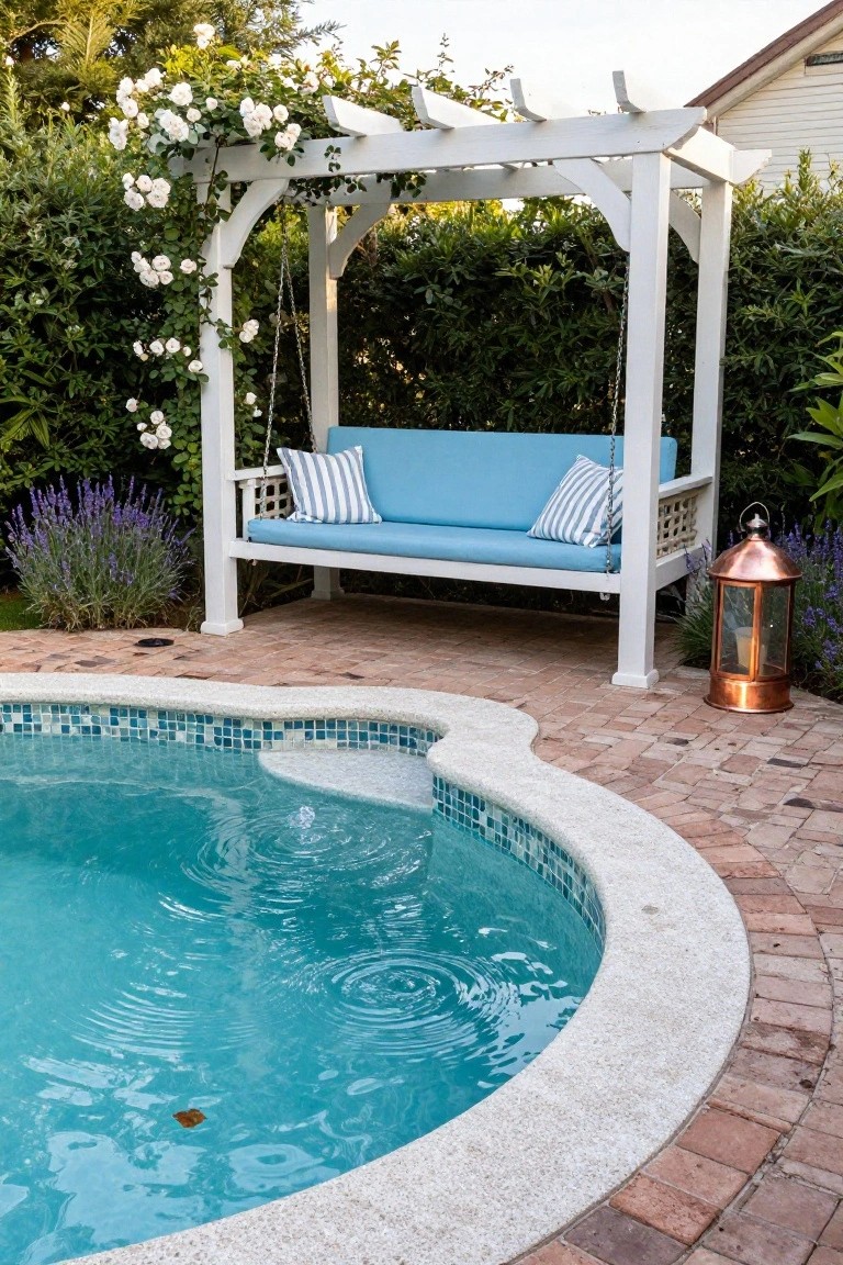 White wooden arbor covered in blooming white roses with a blue cushioned swing seat hanging from chains, positioned on brick pavers beside a curved turquoise mosaic-tiled pool, lavender plants and copper lantern nearby.