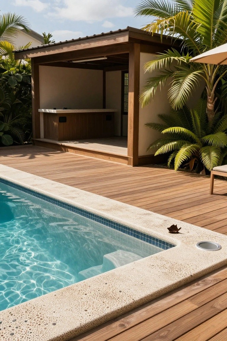Turquoise pool with stone coping on a wooden deck adjacent to a covered wooden bar structure, surrounded by tropical plants, palms, and a lounge chair.