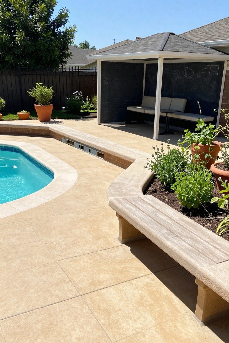 Curved backyard swimming pool with beige tiled deck, built-in stone benches topped with wood slats, integrated planters with herbs and flowers, and a nearby covered seating area with beige cushions under a pergola structure.