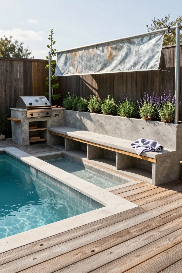 Backyard pool area with turquoise water, adjacent concrete bench on wooden slats with built-in storage and planters, integrated stainless steel BBQ, wooden decking, lavender plants, and corrugated metal shade sail on a pole against a wooden fence.
