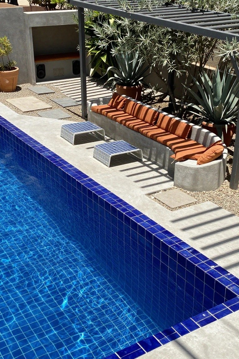 A rectangular pool with blue mosaic tile edges, concrete built-in curved benches with orange cushions along one side, agave plants, and a metal pergola structure overhead.