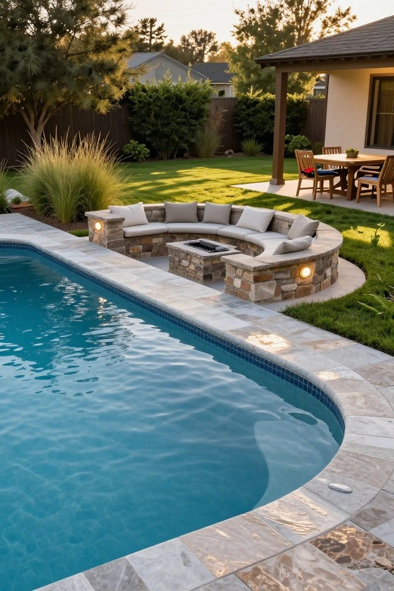 Curved stone fire pit with built-in bench seating and cushions along the edge of a turquoise backyard pool, with travertine decking, lawn, ornamental grasses, trees, fence, and nearby wooden dining table under a covered patio by the house.