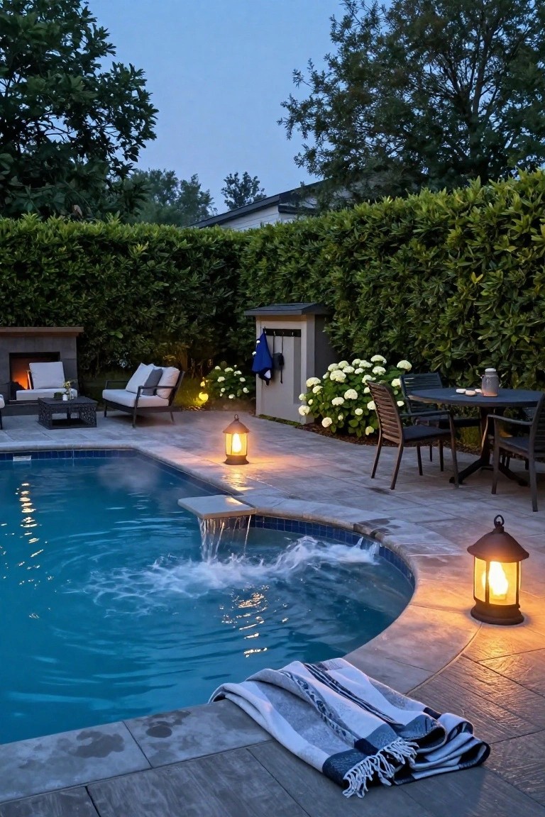 Backyard pool at dusk enclosed by tall green hedges, with lounge seating by a fire pit, a round dining table, multiple lanterns on the stone pavers, a small waterfall into the pool, and a striped towel on the deck.
