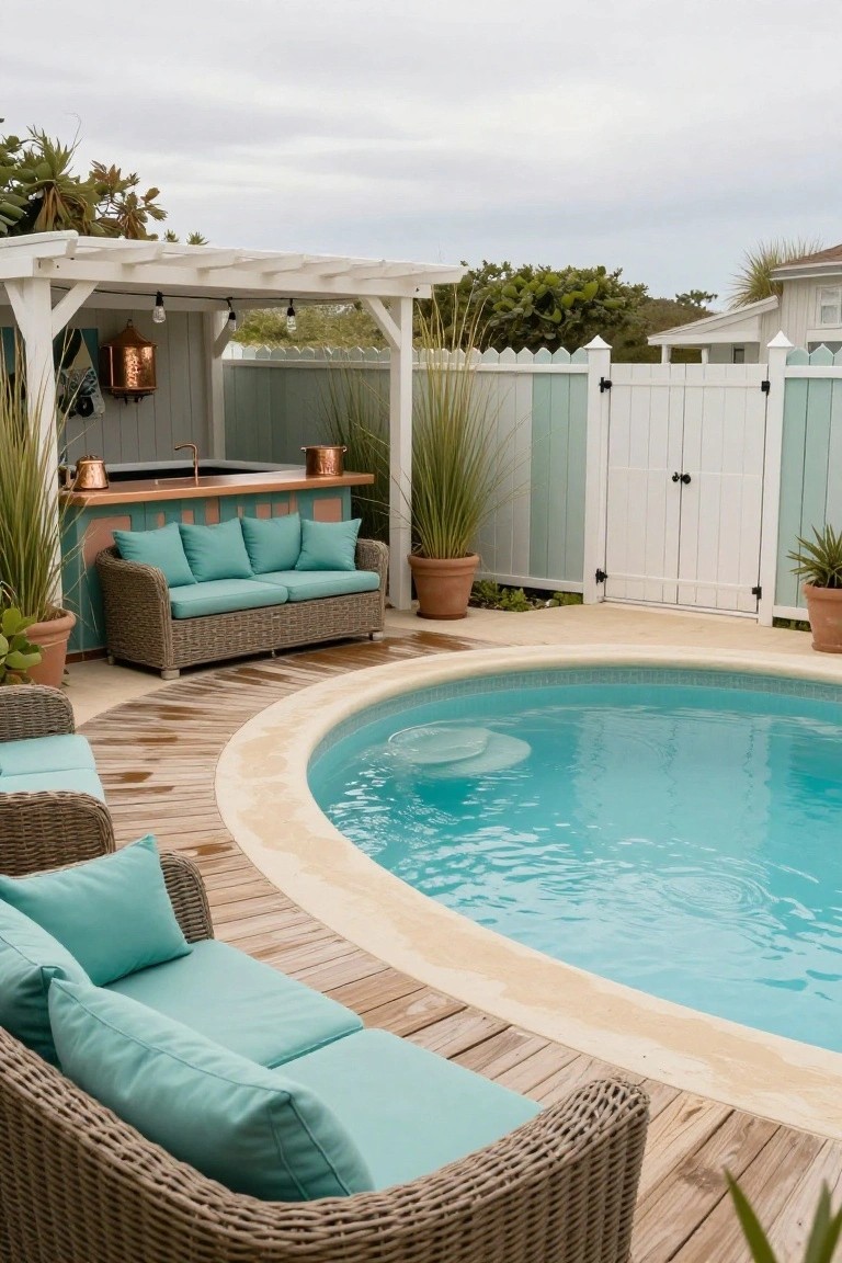Backyard oval pool with turquoise water surrounded by light wood decking, teal cushioned woven sofas and chairs arranged nearby, copper bar and sink under white pergola with string lights, potted plants, and turquoise picket fence gate.