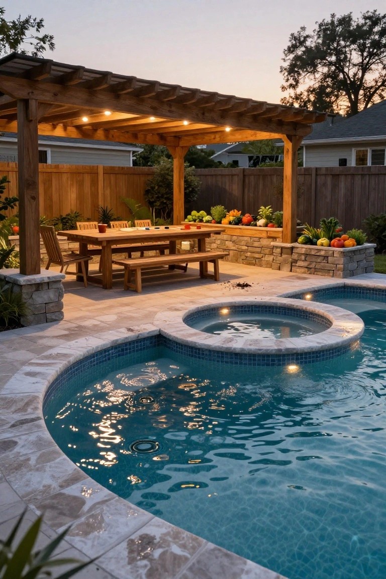 Backyard pool area with curved turquoise hot tub on stone pavers, wooden pergola over rectangular dining table and benches, potted plants, wood fence, and string lights at dusk.