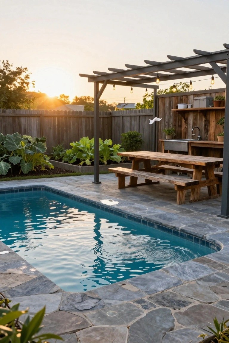 Small turquoise pool in a backyard with a gray pergola shading a long wooden picnic table and benches, an outdoor wooden kitchen with sink nearby, garden beds with plants, and a wooden fence at sunset.