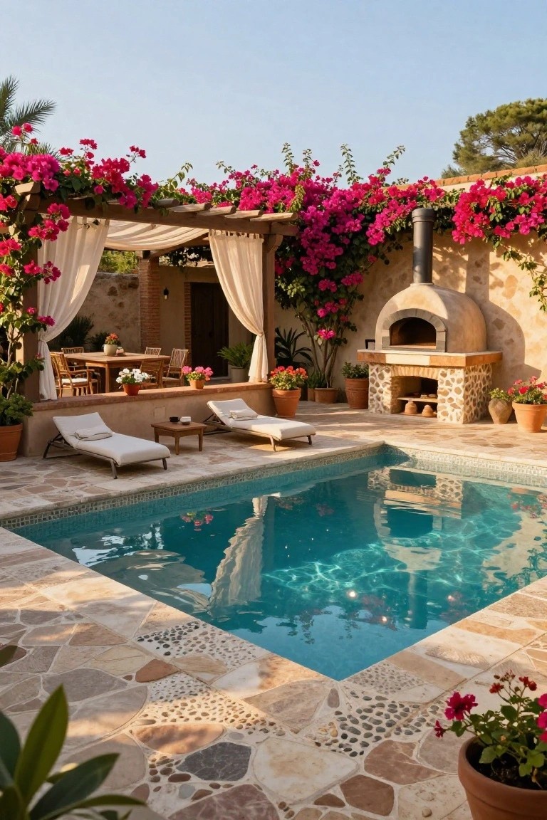 Small turquoise pool in a stone-tiled backyard patio with white lounge chairs, wooden dining table under a sheer-curtained pergola covered in pink bougainvillea, potted plants, and a stone wood-fired oven.