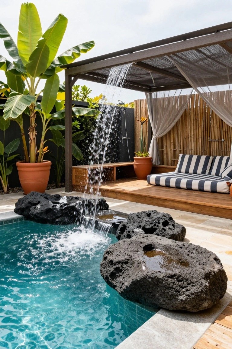 Turquoise pool with black lava rock edges and waterfall cascading from wooden pergola onto rocks, adjacent to deck with striped lounge cushions, tropical plants, and bamboo screens.