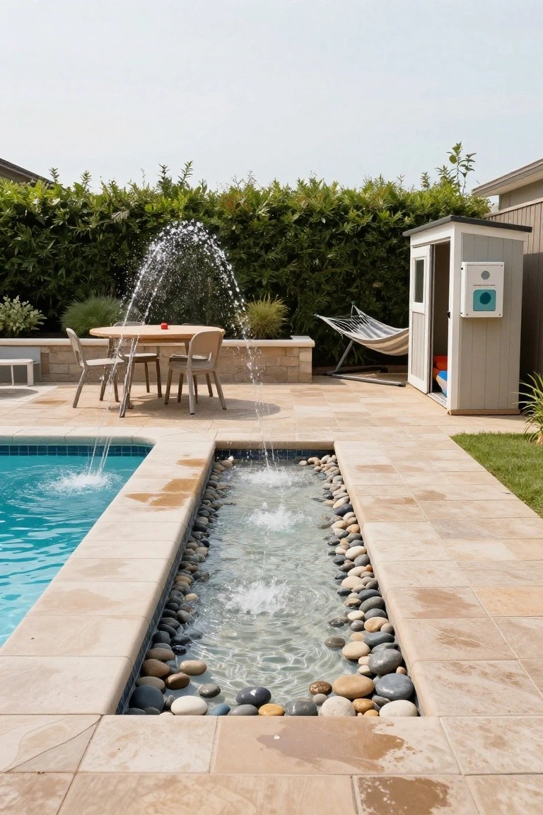 Backyard pool edged with beige stone pavers next to a narrow rectangular water channel lined with smooth pebbles and flowing water, plus an outdoor dining table with chairs, hammock, small shed, and hedges.