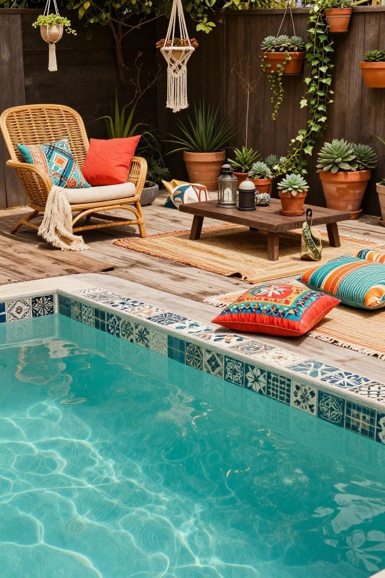 Turquoise pool with blue and white tiled edge, wooden deck nearby featuring rattan armchair with red and patterned pillows, woven throw, low wooden table, colorful cushions, seagrass rug, potted plants, and hanging planters on wooden fence.