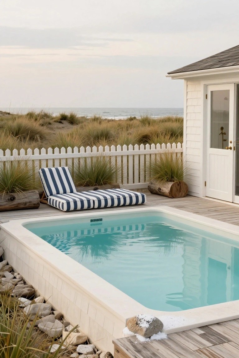 Small rectangular plunge pool with white surround on wooden deck beside white shingled beach house, striped lounge chair nearby, rocks and dune grasses around, ocean in background.