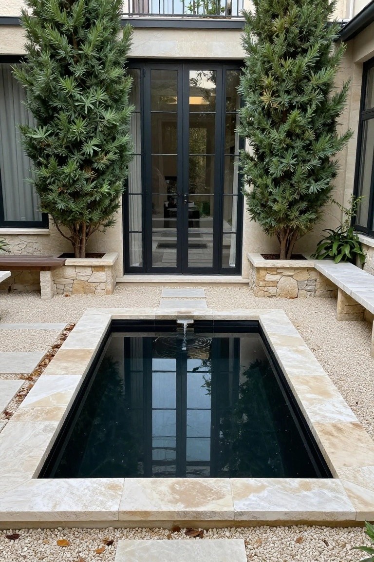 Rectangular black pool with central fountain in a beige stone courtyard, surrounded by gravel, built-in benches, potted Italian cypress trees, and a modern house facade with black-framed glass doors.